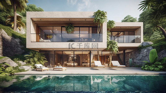 带异国情调花园和游泳池的现代别墅令人惊叹的 3D 渲染