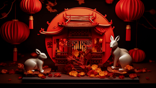 可爱兔子红色背景图片_中秋节剪纸插画