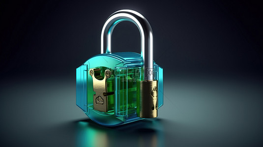 蓝色和绿色挂锁的 3D 渲染，钥匙孔已解锁