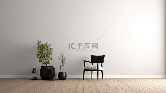 黑色椅子背景图片_木地板黑色椅子和门对空墙模型的 3D 渲染