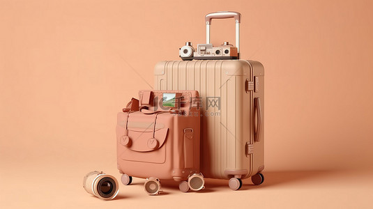 现代旅行者柔和的棕色手提箱 3D 渲染的必需品