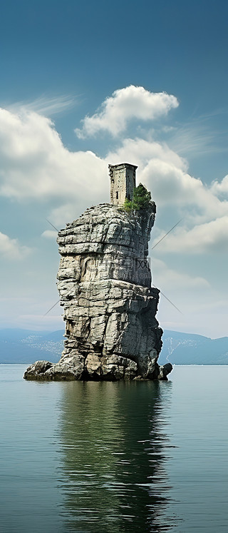 海中央的一座石头城堡，上面有云彩