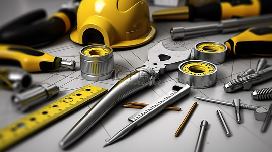 各种施工工具螺丝刀水平电工胶带锤刀剪刀扳手等的 3D 插图