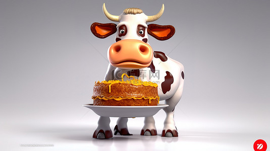 快乐蛋糕背景图片_用蛋糕庆祝的牛吉祥物的 3d 渲染