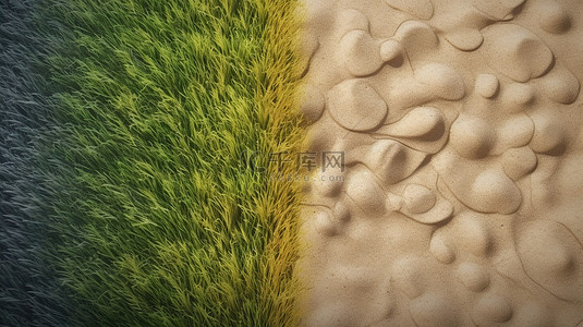 驴肉分割背景图片_沙滩和郁郁葱葱的绿草之间的景观分割的 3D 渲染