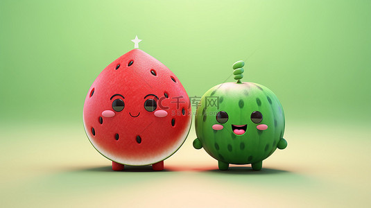 可爱开朗的卡哇伊 3D 卡通西瓜果子，红色和绿色