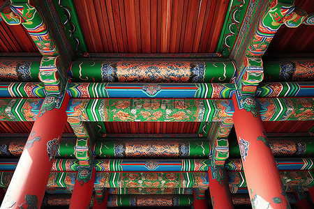韩国宗教建筑内色彩鲜艳的天花板