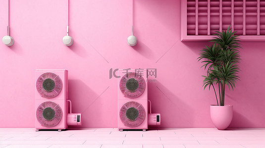 粉色暖背景图片_具有多个空调系统室内机的粉色建筑的 3D 渲染