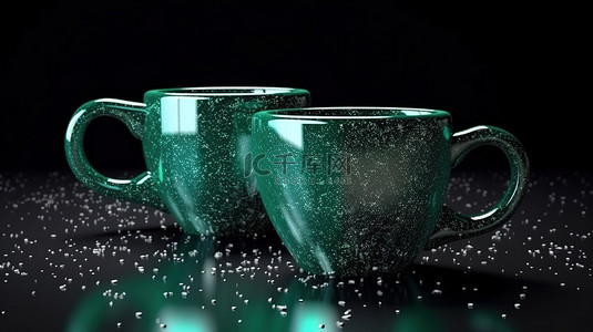 金属绿色过滤器和黑色背景上带有薄片的浓缩咖啡杯的特写 3D 渲染