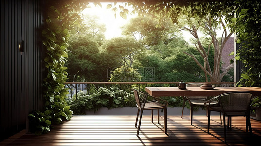 时尚的户外露台餐桌，拥有令人惊叹的自然背景 3D 渲染图像