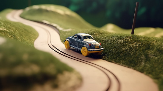 孩子驾驶着玩具车在蜿蜒的道路上行驶，代表着 3D 渲染的旅程的挑战
