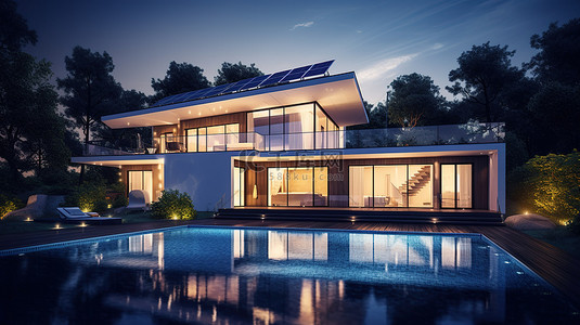 黄昏时令人惊叹的现代别墅拥有太阳能电池板郁郁葱葱的花园和 3D 渲染游泳池