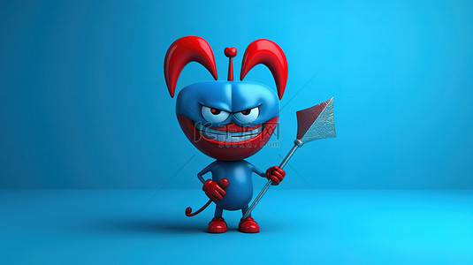 具有邪恶特征的卡通人物在蓝色背景上拿着干草叉，描绘了爱情的阴暗面