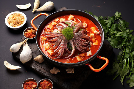 黄焖鸡配菜背景图片_韩国传统美食美味的章鱼炖菜及其配菜