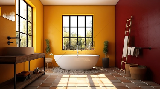 现代浴室配有旭日黄色和浓郁的勃艮第色调，窗户 3D 渲染增强了效果