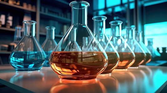 室内化学烧瓶和实验室玻璃器皿的 3D 渲染