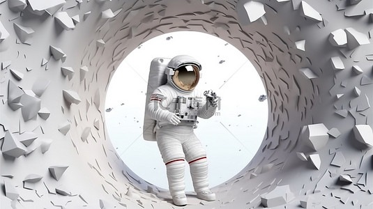 白洞背景下宇航员和宇宙飞船纸艺术的 3D 渲染
