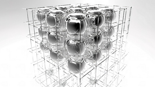 具有数字数据可视化概念的白色背景 3D 渲染铬线框原子网格立方体