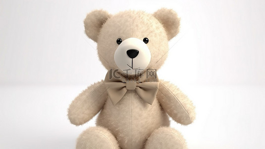 可爱的毛绒泰迪熊，在干净的白色背景上以 3D 渲染迷人的白色领结