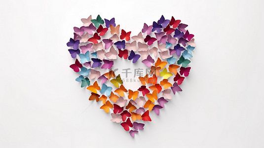 背景花蓝背景图片_3D 渲染的心形蝴蝶纸艺术，色彩鲜艳，包括剪切路径