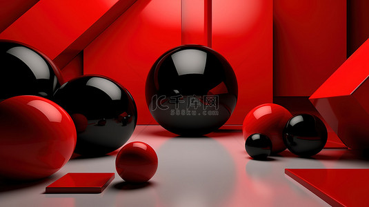 背景下带有红色和黑色物体的形状的 3D 渲染
