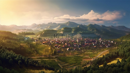 偏远山区背景图片_3D 渲染的雄伟山区全景中的乡村大都市