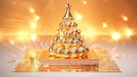 金雪背景图片_节日贺卡，上面有一棵 3D 渲染的闪闪发光的金色圣诞树