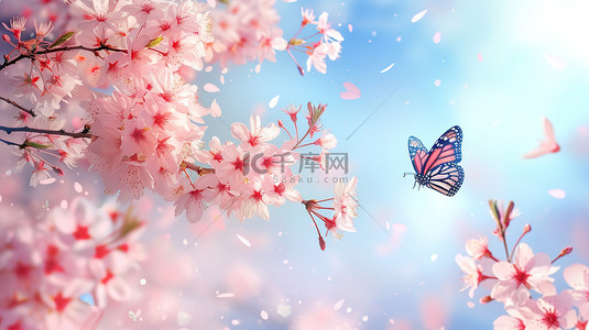 飞翔的蝴蝶背景图片_粉红色樱花和飞翔的蝴蝶设计