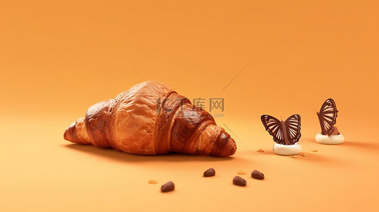 3D 巧克力多边形羊角面包在米色背景上飞行，这是对甜蜜放纵的创意和极简主义描绘