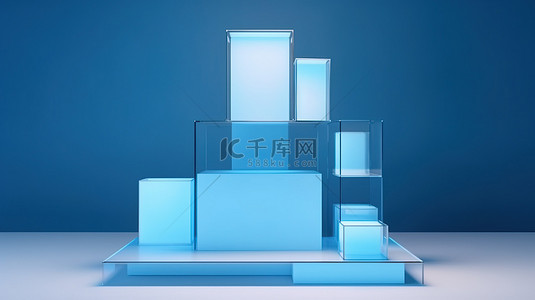 用于产品展示的蓝色阶梯立方体讲台广告 3D 渲染的空白展示模板