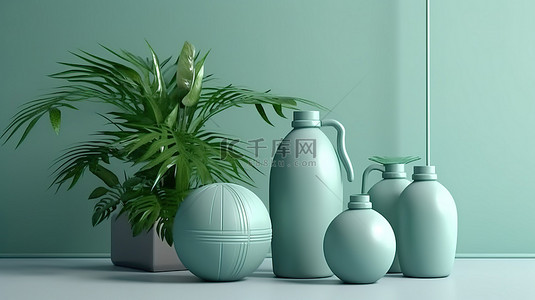 时尚柔和的绿色场景的 3D 渲染，植物间有健身球重量和水瓶
