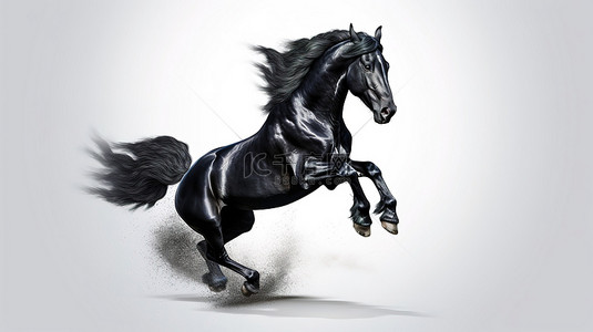 一匹黑马全速前进的 3d 插图