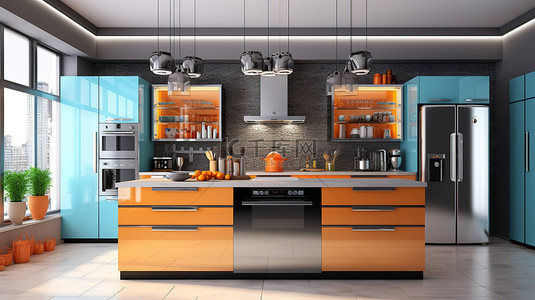 厨房电器电背景图片_带现代电器的现代厨房的 3D 渲染