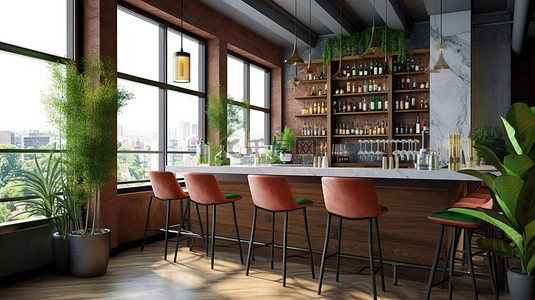 舒适的酒吧餐厅时尚 3D 渲染，具有现代设计和现代用餐空间