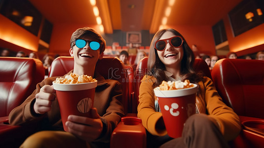 微笑的夫妇在剧院里欣赏爆米花 3D 电影