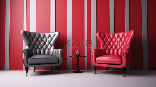 红色的条纹背景图片_简单的灰色房间里永恒的红色簇绒椅子，带纹理的条纹墙 3D 渲染的简约风格