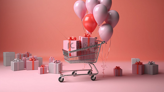 商店促销背景图片_购物直到你掉下来一个充满活力的 3D 渲染的促销舞台表演，其中包括购物车包裹盒和彩色气球