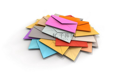信封信纸背景图片_3d 渲染的白色背景上的一堆彩色空白信封