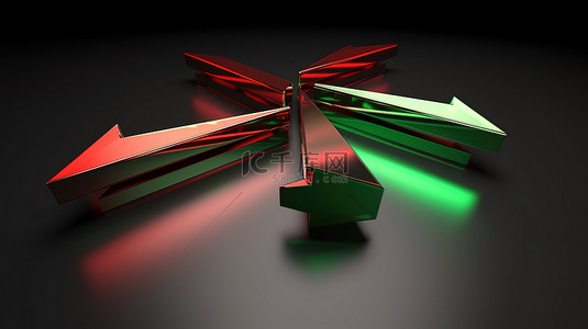 方向箭头红色背景图片_绿色和红色金属箭头的相反方向 3d 渲染