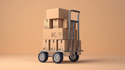 商货物背景图片_手推车和国际运输箱的 3d 渲染