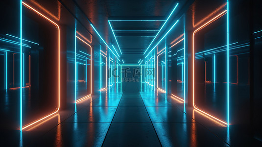 3D 渲染中发光的霓虹灯照亮的未来派混凝土房间