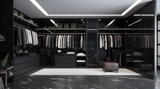 现代阁楼风格的步入式衣橱采用光滑的黑色，陈列着衣服