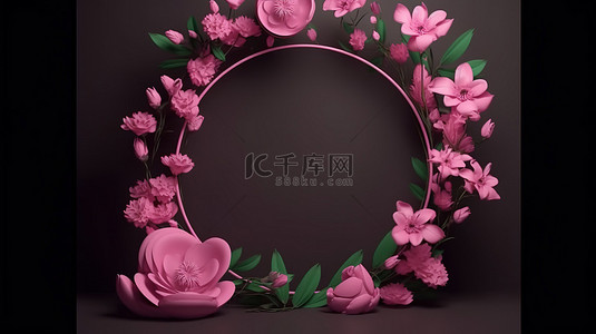 春天花朵红色背景图片_3d 渲染中粉红色花朵圈框的空白空间