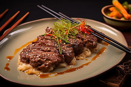 用筷子将亚洲牛里脊肉与胡椒酱放在盘子上