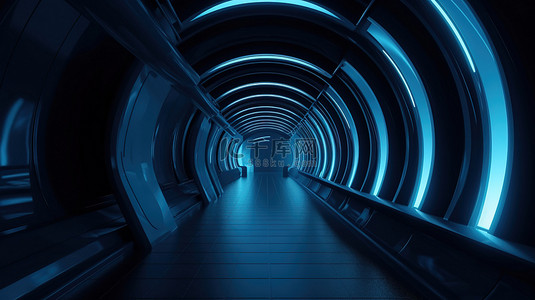 现代走廊中未来派蓝色拱门的 3D 视图