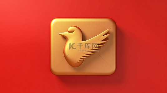 鸽子徽章 3D 渲染的社交媒体图标，红色哑光金板上有金色鸽子符号