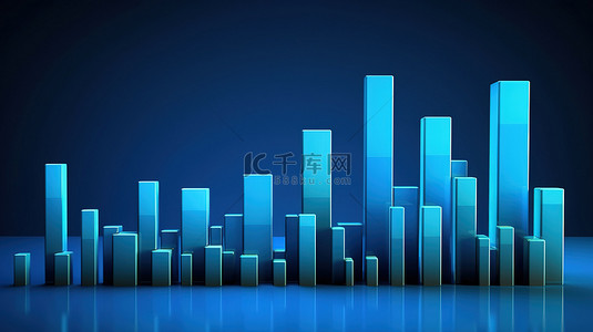 商业投资图的 3D 渲染，条形图描绘蓝屏背景上的资金增长