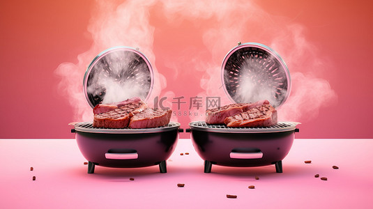 粉红色背景上令人垂涎的牛排与烟熏烧烤 3D 插图 3D 渲染