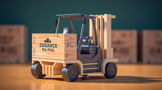 3D 渲染叉车运载罗德岛州制造的出口木箱
