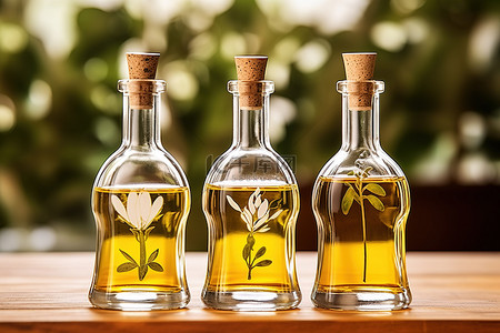 三瓶橄榄油放在一张木桌上